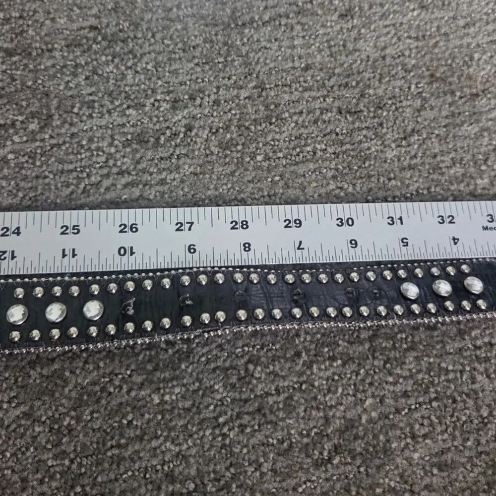 Rhinestone Woman's Bling Cross Black Western Belt Silver Buckle